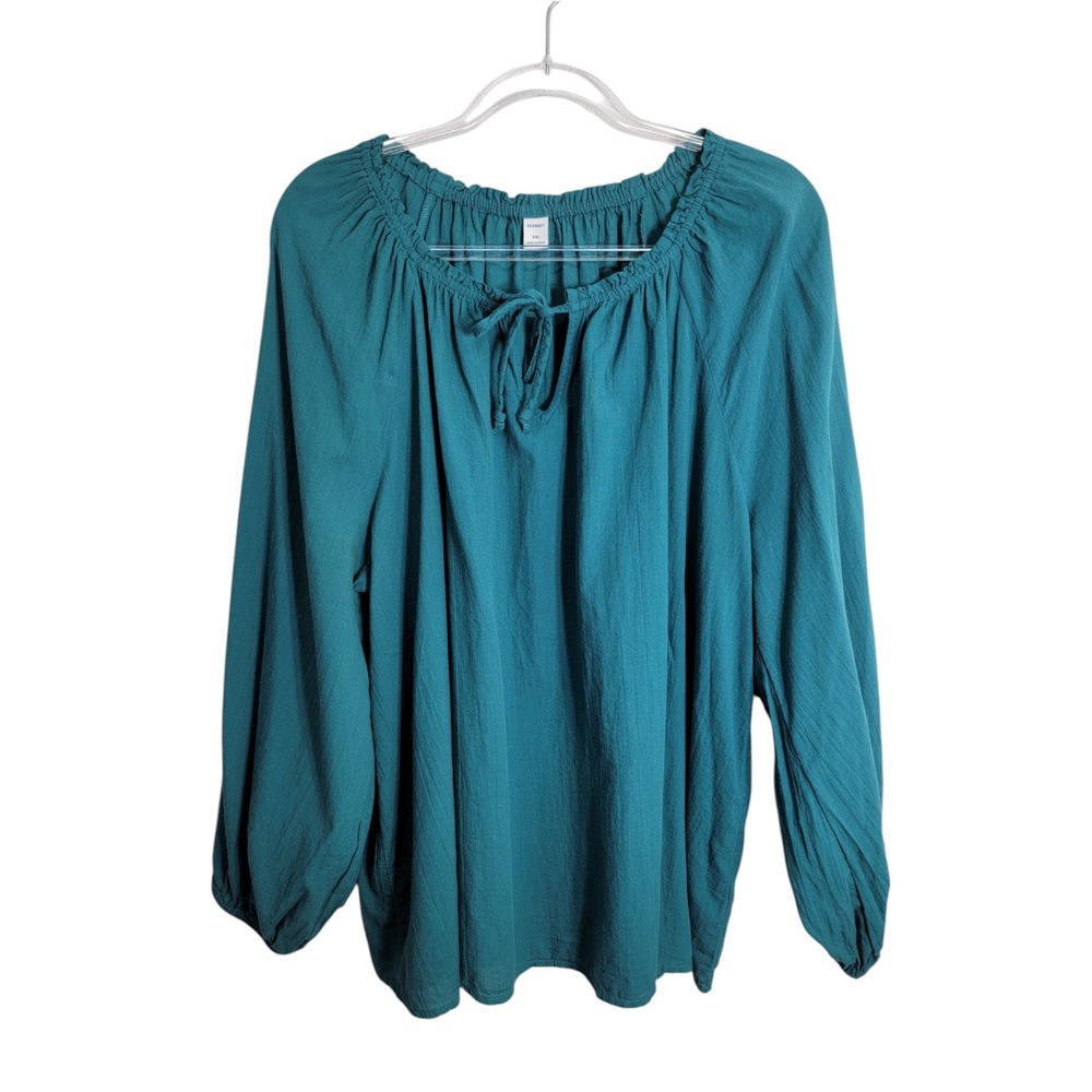 Old Navy Womens XXL Blouse Teal Blue Long Sleeve Cotton Gauze Peasant Top